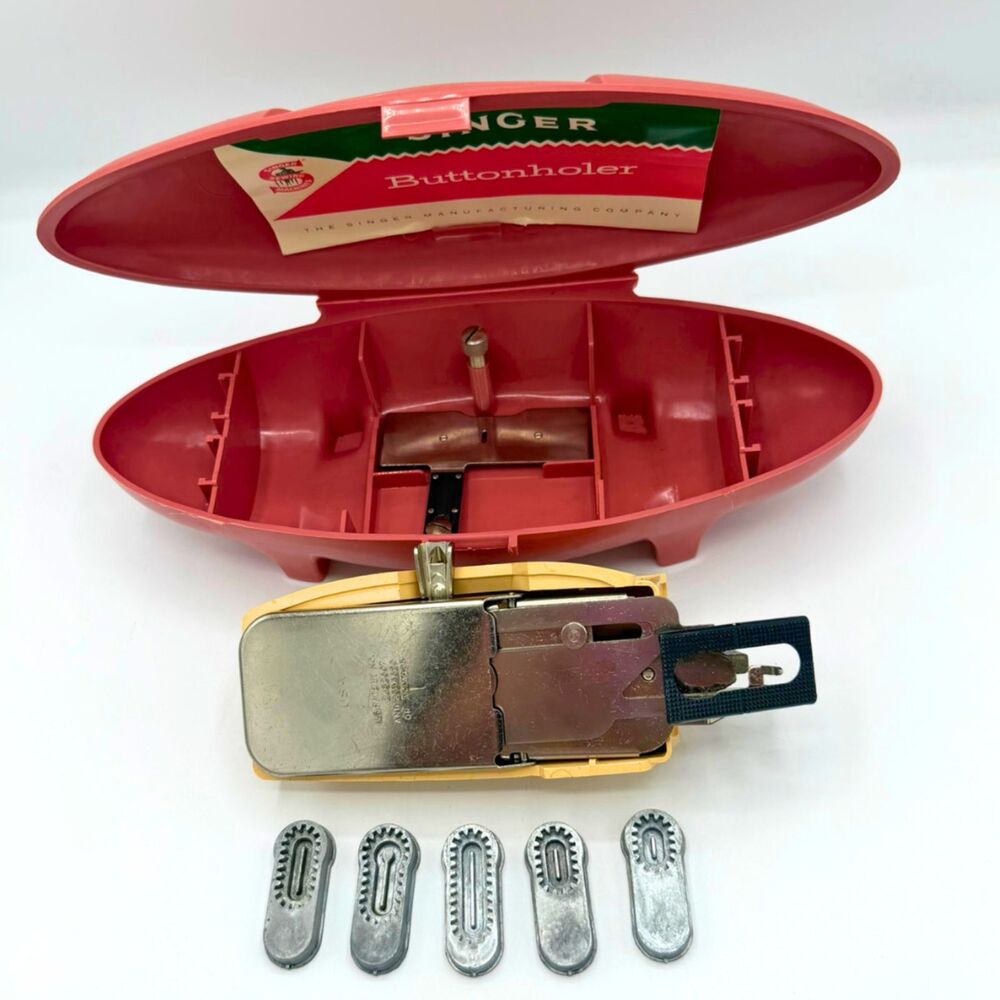 Vintage Singer Buttonholer Pink Case 1960s Sewing Accessory Templates and Manual - Picture 3 of 8